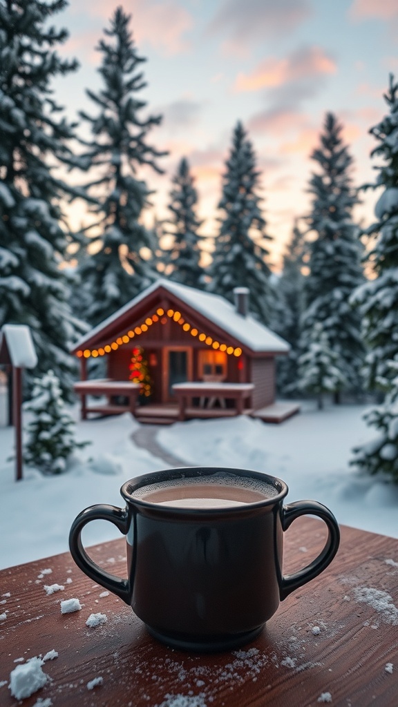 A cozy cabin in a snowy landscape with Christmas lights, hot cocoa, and a serene morning sky.